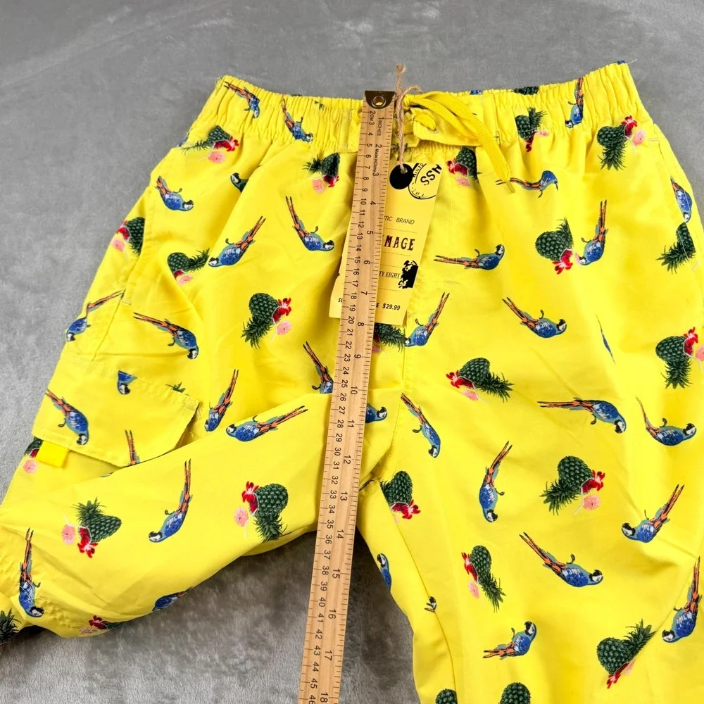 The‎ Image Men's Large Yellow Tropical Parrot Pineapple Swim Trunks Cargo Shorts